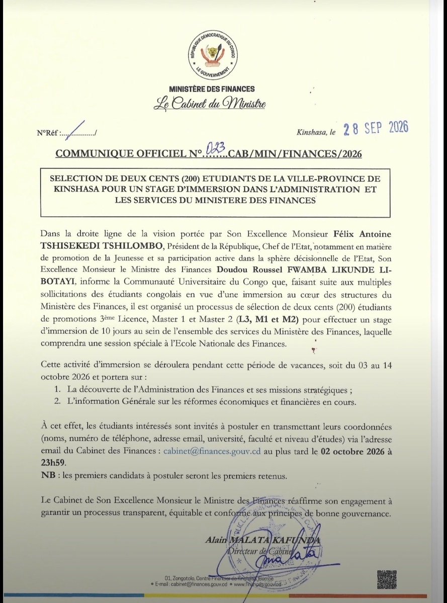 BileleJonathan's tweet photo. À l'initiative du Ministre des Finances, S.E.M. Doudou Fwamba @LikundeR Li-Botayi, 200 étudiants de Kinshasa bénéficieront de stages d’immersion professionnelle au sein du Ministère des Finances et des services sous sa tutelle. https://t.co/Kbz7ZYRbZy