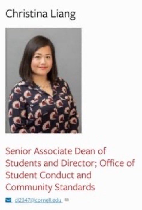 landpalestine's tweet photo. Meet Christina Liang the Director of Cornell Office of Student Conduct and Community Standards  

She handles every disciplinary case, including the Cornell university 7 gang rape and the suspensions of over 40 protestors against genocide in Palestine 

Make her famous https://t.co/8vxJ7keInS
