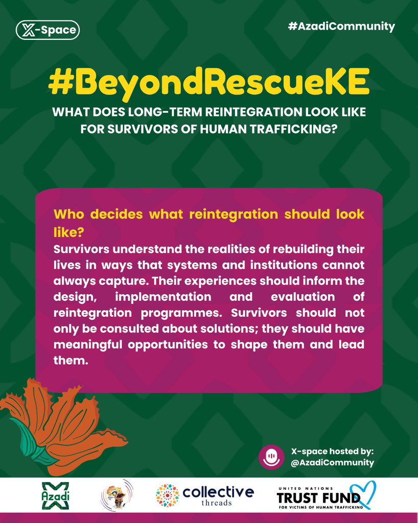 BrendaAwuor113's tweet photo. Reintegration must center their needs, choices, dignity, and agency. @unvtf_tip
@AzadiCommunity
#BeyondRescueKe
#AzadiCommunity https://t.co/4sCHRX0EQX
