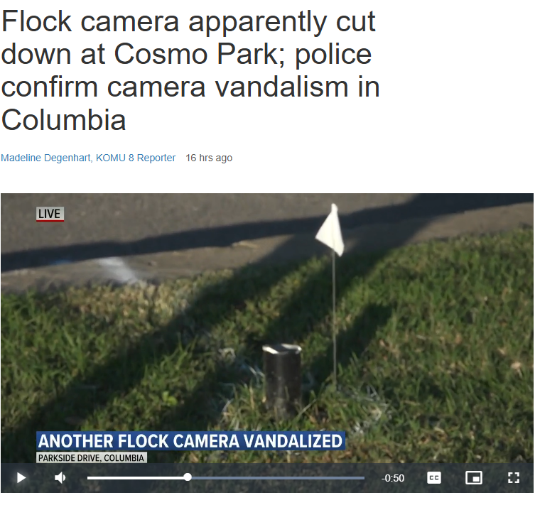 OrwellDay's tweet photo. Flocktober has started!!  

We've taken down 24 cameras on the 28th, and with momentum like that, it's time to start keeping track.

6 down in Toledo, OH
14 in Evansville, IN
3 in Wichita, KS
1 in Columbia, MO

Flocktober running total so far = 24 cameras https://t.co/nYpSnAelVm