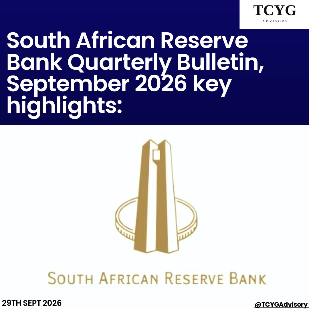 TCYGAdvisory's tweet photo. @SAReserveBank released its September 2026 Quarterly Bulletin today, which provides a thorough review of economic developments in the 2nd quarter of 2026. We have summarized key highlights to provide a brief on how the SA economy performed.

#SARBQBSEP26 #Economy #TCYGAdvisory https://t.co/8yp1AaP4et