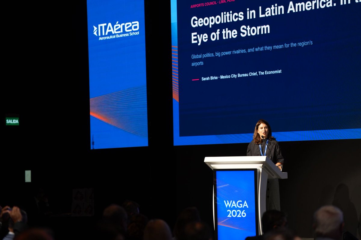ACIWorld's tweet photo. 🌎 Geopolitics, power shifts—and what it all means for airports.

@sarah_birke, Mexico City Bureau Chief at @TheEconomist, takes the stage at #WAGA2026 to unpack the forces reshaping Latin America and the region’s airports.

#ACIWorld

@AeroJorgeChavez
@ACI_LAC https://t.co/lUz9J4Y7TK