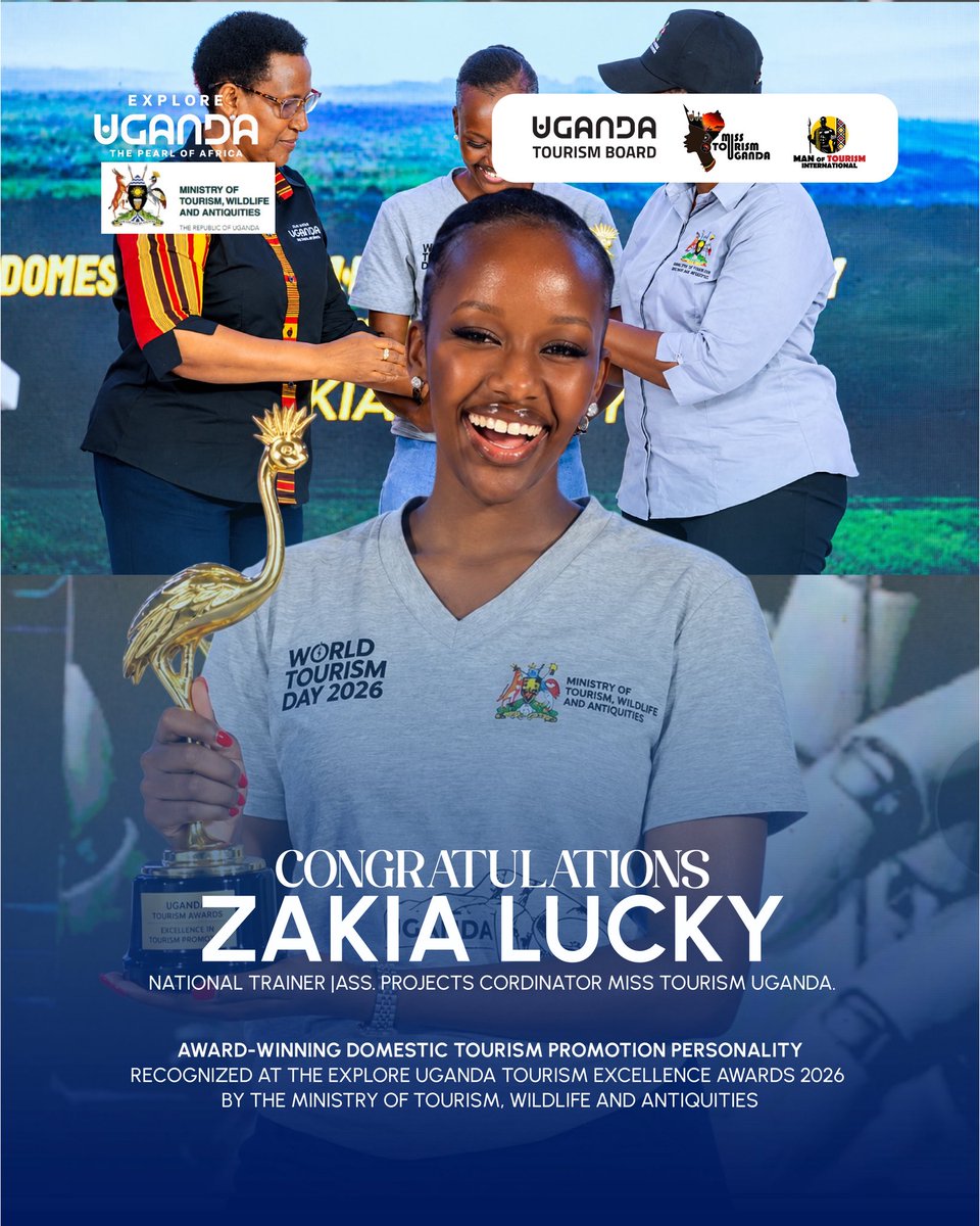 misstourismUga's tweet photo. Congratulations to Zakia Lucky, National Trainer and Assistant Projects Coordinator, Miss Tourism Uganda, on being recognised as an Award-Winning Domestic Tourism Promotion Personality at the Explore Uganda Tourism Excellence Awards 2026.

A well-deserved recognition for her contribution to promoting domestic tourism and showcasing Uganda. 

#MissTourismUganda #ExploreUganda #TourismExcellenceAwards2026