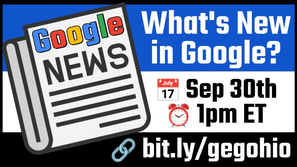 ericcurts's tweet photo. What's New in Google for Schools?
🗓️ Join us online for our monthly GEG-Ohio meeting this Wednesday, September 30th at 1pm ET
📰 Latest GoogleEDU updates
🧰 Helpful tips &amp; resources
❓ Q&amp;A
👉 Details here 
https://t.co/Mjk9nSrYZI

#edtech @GoogleForEdu @GegProgram https://t.co/s7fEtq6cAO