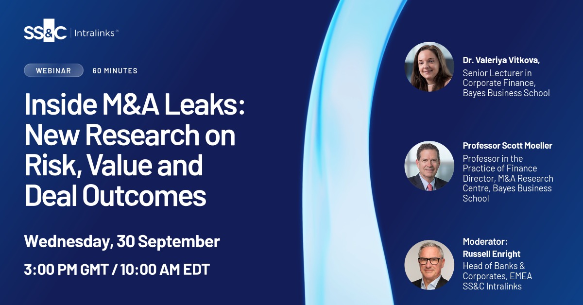 Intralinks's tweet photo. Where does deal leak risk rise — and what can it mean for deal outcomes?

On Sept. 30, Scott Moeller, Valeriya Vitkova and Russell Enright unpack findings from the 2026 M&amp;A Annual Leaks Report, based on 16,000+ global M&amp;A bids.

Register: https://t.co/OY3KCqS6qV https://t.co/Ko9osSZ0f6