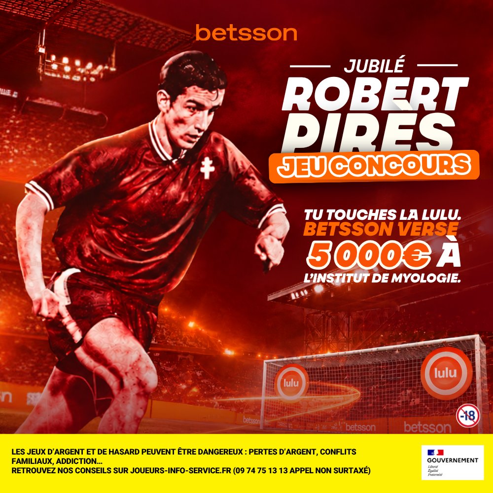 BetssonFR's tweet photo. 🎁 JEU CONCOURS – JUBILÉ ROBERT PIRÈS ⚽

À gagner pour le 6 octobre à Saint-Symphorien :
🎟️ 2×2 places VIP
⚽ Une soirée avec les légendes du foot comme Pirès, Nasri, Drogba, Ribéry...
🎯 La chance de tenter la Betsson Lulu sur la pelouse aux côtés des joueurs !

Si elle part pleine Lulu 👉 5 000 € pour l'Institut de Myologie ❤️

Pour participer :
🔁 RT ce post
❤️ Like
💬 Tague la personne avec qui tu veux venir

Bonne chance 🍀