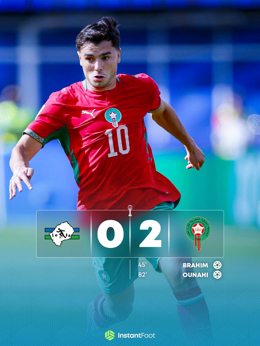 lnstantFoot's tweet photo. ⏱️ 𝗧𝗘𝗥𝗠𝗜𝗡𝗘́ ! 𝗟𝗘 𝗠𝗔𝗥𝗢𝗖 𝗗𝗢𝗠𝗜𝗡𝗘 𝗟𝗘 𝗟𝗘𝗦𝗢𝗧𝗛𝗢 ! 🇲🇦

Match facile pour le Maroc dans le cadre des qualifications à la CAN 2027, les Marocains l’emportent après avoir dominé durant la majeure partie du match ! ✅
 
2 victoires sur 2 pour le Maroc et la première place de son groupe qualificatif ! 📊