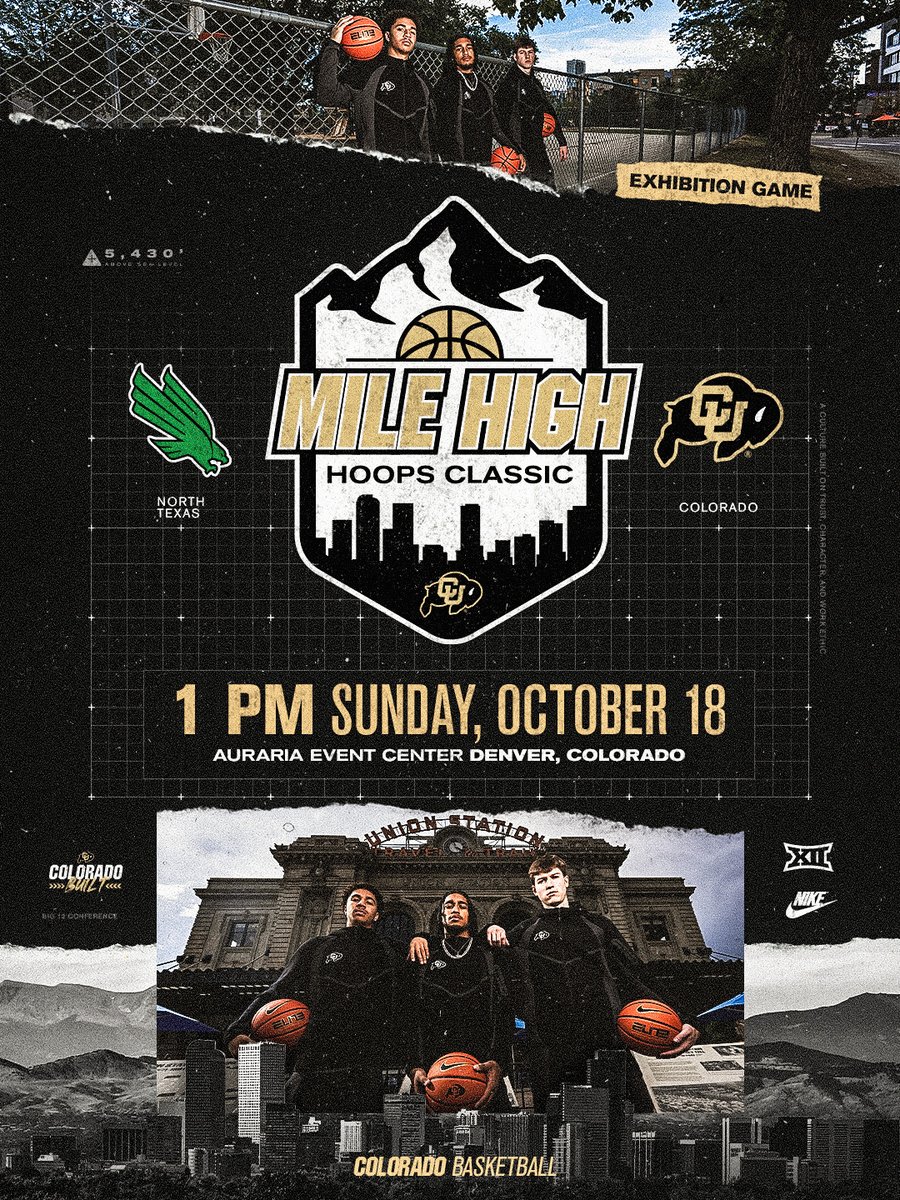 CUBuffsMBB's tweet photo. introducing the Mile High Hoops Classic 🏙️

Colorado vs. North Texas in downtown Denver 
📆 Oct. 18
📍 Auraria Event Center 

🗞️ → https://t.co/p2n17LOe4b https://t.co/zeZ7yJglrE