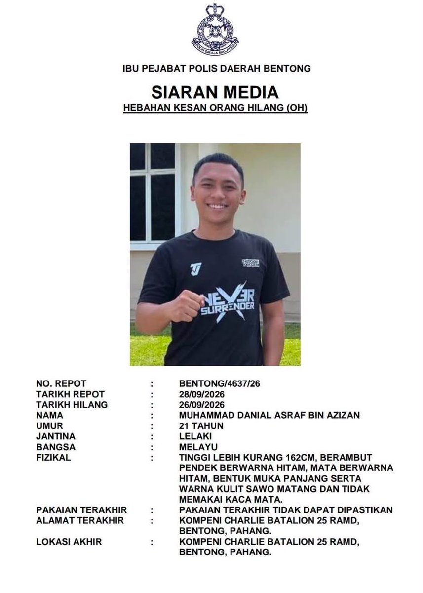 bernamadotcom's tweet photo. Polis mohon bantuan kesan anggota tentera hilang di Bentong 

https://t.co/gvaDYrZk8K

#BernamaNews https://t.co/gJgT8ooBjl
