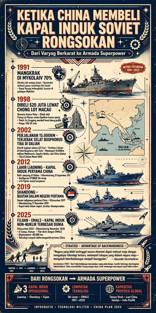 RicKY_KCh's tweet photo. 🇮🇩 DARI RONGSOKAN JADI ARMADA SUPERPOWER — PELAJARAN UNTUK INDONESIA 🇮🇩

Tahun 1991, kapal induk Varyag terbengkalai berkarat di Mykolaiv, Ukraina.
Dibeli hanya $20 juta dengan dalih kasino apung tahun 1998.
Ditarik 15.000 KM selama 627 hari hingga tiba di Dalian tahun 2002.

Kini ia berevolusi menjadi:
⚓ Liaoning (2012)
⚓ Shandong (2019)
⚓ Fujian (2025) — dengan EMALS, kapal induk non-nuklir terbesar di dunia!

Inilah bukti nyata Advantage of Backwardness — ketertinggalan bisa menjadi lompatan jika ada kemauan belajar dan membangun.

Lalu, apa yang harus dilakukan Indonesia? 🇮🇩
Melihat strategi armada global China, pertahanan kita TIDAK BOLEH TERTIDUR.