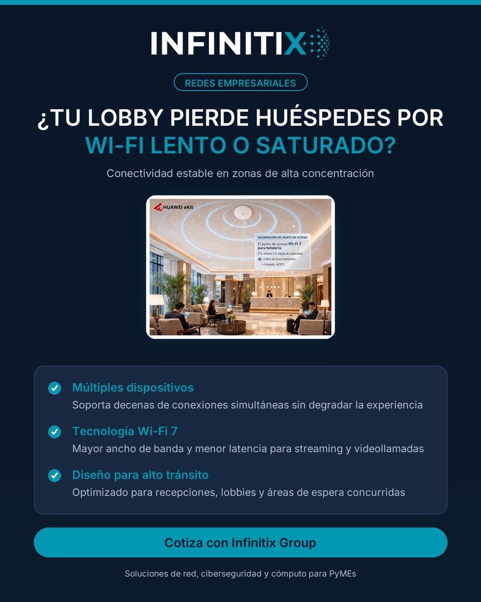 Infinitixgroup's tweet photo. ¿Tu lobby pierde huéspedes por Wi-Fi lento? El AP371 con Wi-Fi 7 soporta decenas de conexiones simultáneas sin colapsar. Diseñado para recepciones y zonas de alto tránsito. Cotiza tu infraestructura con Infinitix Group. #RedesEmpresariales https://t.co/TUNWG0KAWG
