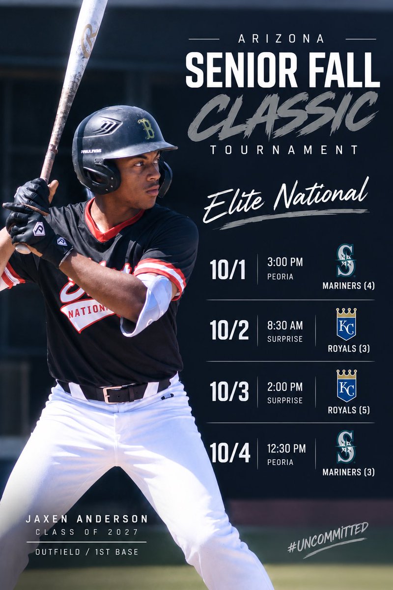 JaxAnd27's tweet photo. Schedule for this weekends AZ Senior Fall Classic with @elite_national2 
2027 - Outfielder/1B 
#Uncommitted2027 
#azbaseball 
#azfc
#azfallclassic https://t.co/WpR1zIMK8V