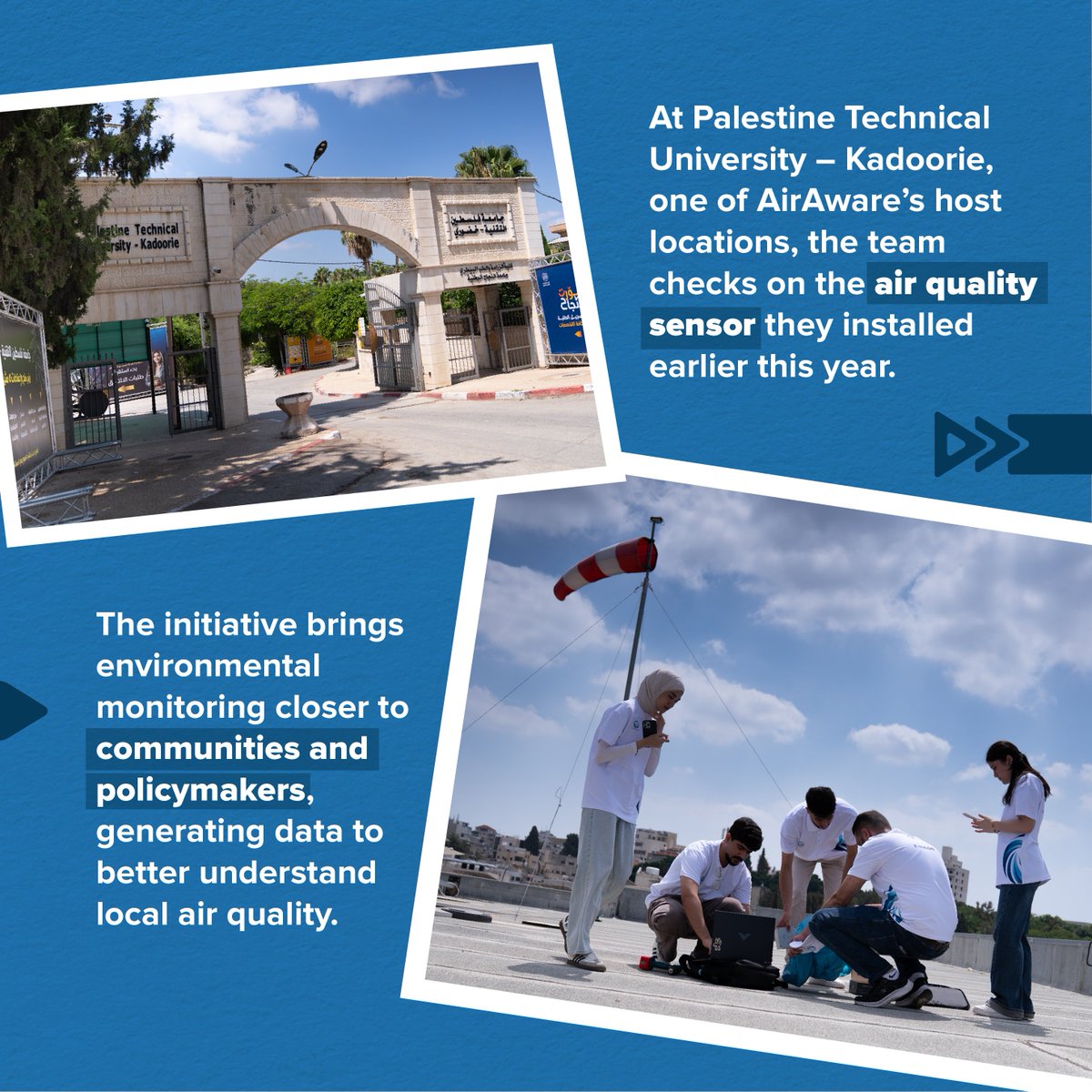 UNDPPalestinian's tweet photo. Air quality is an essential part of community health and environmental safety. By monitoring and measuring it, data can be transformed into knowledge that helps communities and policymakers understand environmental challenges and take more sustainable steps.

To contribute to this effort, young men and women are leading a voluntary initiative to establish Palestine’s first comprehensive community-based air quality monitoring network, AirAware, supported by @UNDP through the @GEF_SGP , in partnership with the Palestinian Environment Quality Authority and the Seeds for Development and Culture Association.

The network includes sensors distributed across #Nablus, #Tulkarem, and #Jenin governorates, collecting real-time air-quality data from different locations, which will be made accessible to communities through a dedicated website and mobile application currently under development.

By making air-quality information more accessible, the initiative seeks to enhance awareness of air quality, empower communities to understand their environmental reality, and contribute to environmental protection.