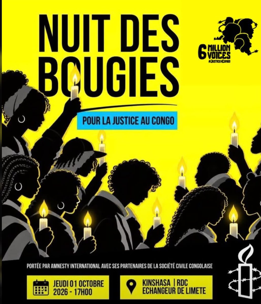 EricDangwe's tweet photo. #KINSHASA : NUIT DES BOUGIES 🕯️

Face aux violences en #RDC, refusons le silence et l’oubli. Une bougie pour les victimes, une voix pour la justice et un espoir pour la paix.

Ce 1er Octobre 2026, faisons vivre leur mémoire.

Lieu :  Échangeur de Limete à 17h00 https://t.co/eCC2bkQ4Jg