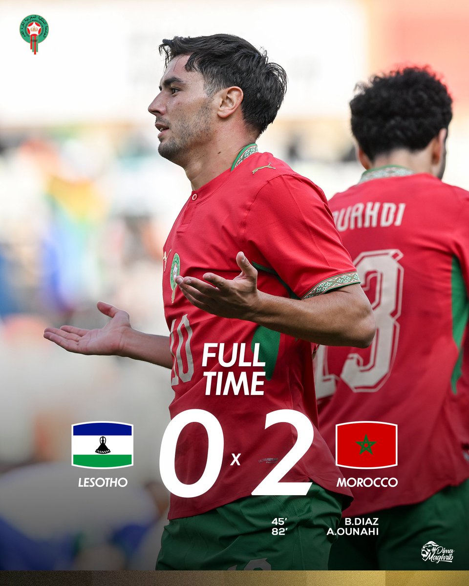 EnMaroc's tweet photo. نهاية المباراة بفوز منتخبنا الوطني على ليسوتو بهدفين دون رد 

🏁 Full-time! 🇱🇸0-2🇲🇦
Our National Team secures a second consecutive win in the AFCON 2027 Qualifiers. 🦁

#DimaMaghrib https://t.co/bpGaPhseVR