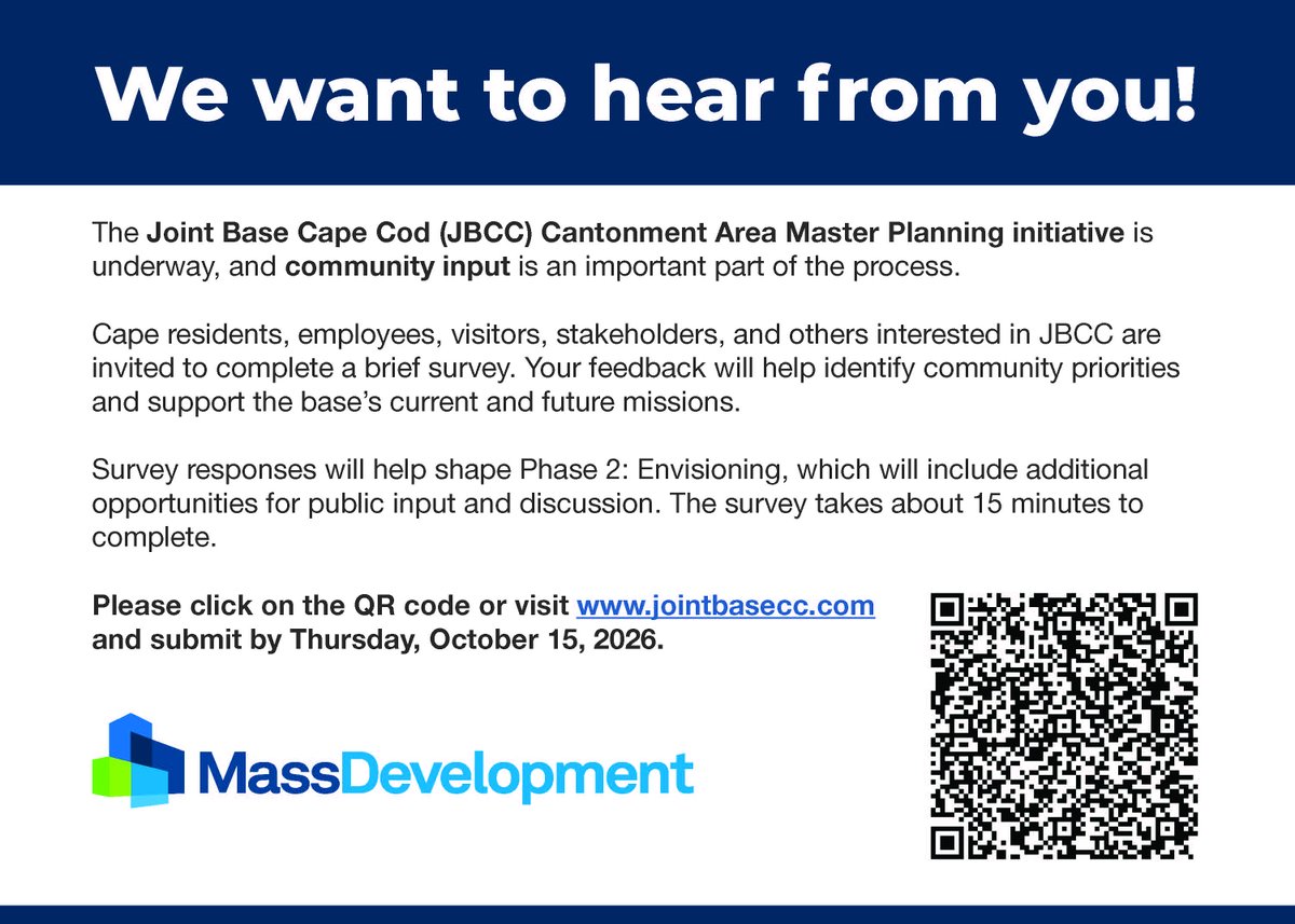 MassDev's tweet photo. The Joint Base Cape Cod cantonment area master planning initiative is underway &amp; seeking community input!

Cape residents, employees, visitors, stakeholders &amp; others interested are invited to complete a brief survey ➡️ https://t.co/g9X97Gd2F3 https://t.co/BFBLM5BbJx