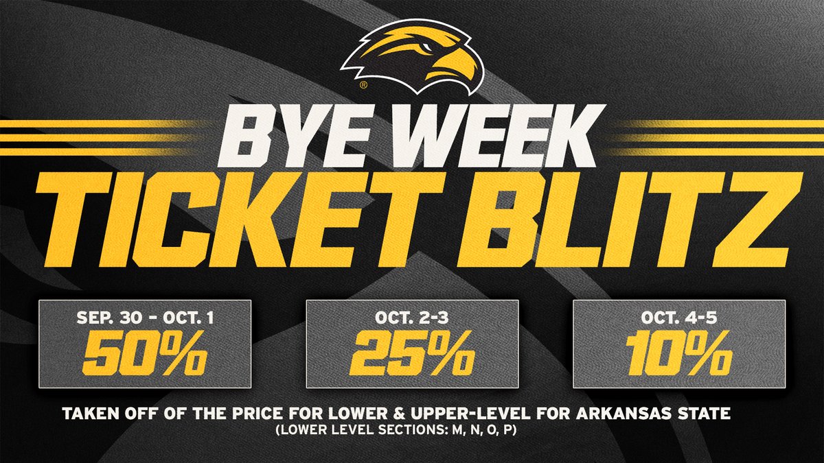 SouthernMissFB's tweet photo. 🔊 𝗕𝘆𝗲 𝗪𝗲𝗲𝗸 𝗕𝗹𝗶𝘁𝘇 🔥

Head to the link below to purchase your tickets for Arkansas State on 10.17

🔗: https://t.co/1Ip1wITTp1

#SMTTT https://t.co/vLdmsjLQWl