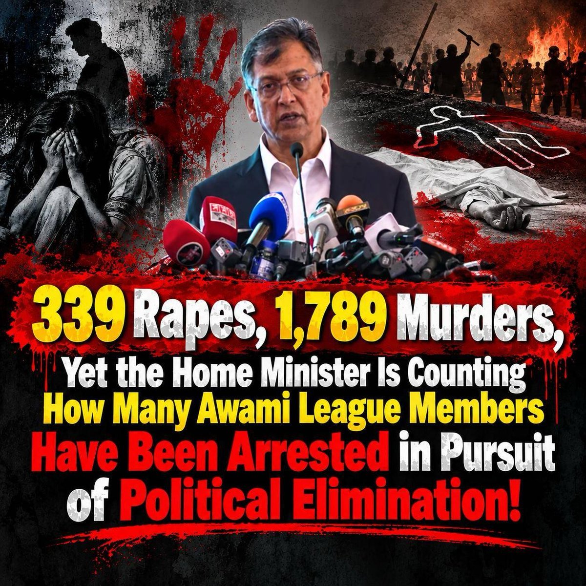 albd1971's tweet photo. ⁨Under their own rule, the law-and-order situation has collapsed, with records of murder, rape, mob killings and enforced disappearances. Yet the Home Minister stands on a stage, boasting about eliminating the Awami League and even announcing rewards for doing so.

From February to September, in just seven months, 21,756 cases were filed across seven categories. There were 1,789 murders and 11,165 cases of violence against women and children. There were 317 attacks on police. Between January and August, there were 339 reported rapes, including 114 gang rapes, and 41 cases in which victims were killed after rape. In June, 31 people were killed in mob violence, followed by another 28 deaths in August. According to HRSS, political violence during January-June resulted in 56 deaths and 5,246 injuries across 830 incidents. Forty-four members of minority communities were killed. A total of 383 journalists were subjected to harassment or attacks. In August alone, 87 unidentified bodies were recovered from rivers, canals and wooded areas.

Against this backdrop, the Home Minister’s biggest concern appears to be offering rewards for catching so-called Awami League collaborators. It is as if roses are being handed out on a blood-soaked battlefield. The minister boasts about police intelligence, yet deaths in police custody, enforced disappearances and the deaths of 58 people in prisons do not appear to be part of the accounting on his desk.

The condition of Bangladesh during the BNP-Jamaat government from 2001 to 2006, including political killings, enforced disappearances, persecution of minorities and corruption, cannot simply be erased from the pages of history. Now back in power, the BNP has demonstrated within just seven months that it has not returned to govern, but to seek revenge.

How deep must political bankruptcy become before a government announces its intention to completely eliminate the very political party through whose leadership Bangladesh was born? This is a country named in the legacy of Sheikh Mujib, yet the Home Minister is announcing rewards for eliminating the very party associated with that struggle. And the BNP itself now knows that the election held in February, after excluding the Awami League, was inherently illegitimate.

Maintaining law and order is the responsibility of the Home Ministry. When a minister, having failed to fulfill that responsibility, instead begins announcing rewards for political arrests, it becomes clear that, for this government, the safety and security of the people are not the priority. Political retaliation is.⁩
#Bangladesh #BNP #LawlessBangladesh