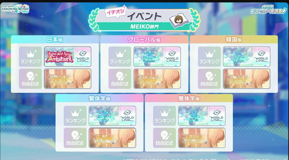 minojori's tweet photo. Ena5 set choosen best card for each character one more year (meiko only cn) and best story for enamei in all servers https://t.co/dFKMPivKAr