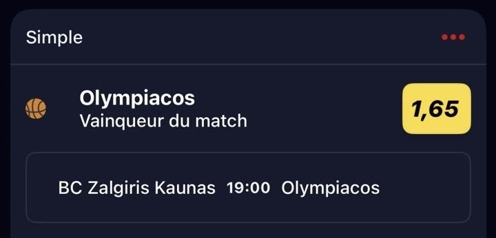 Lenzoprono's tweet photo. ☀️ MONTANTE DU LENZ X10

🏀 VICTOIRE OLYMPIAKOS 1.65 ! 

1️⃣ 100€ -> 165€ 👀

👉🏻 ON EST REPARTI 👊🏼

❤️ SI TU SUIS

#Teamparieur https://t.co/GhLTzUVfqi