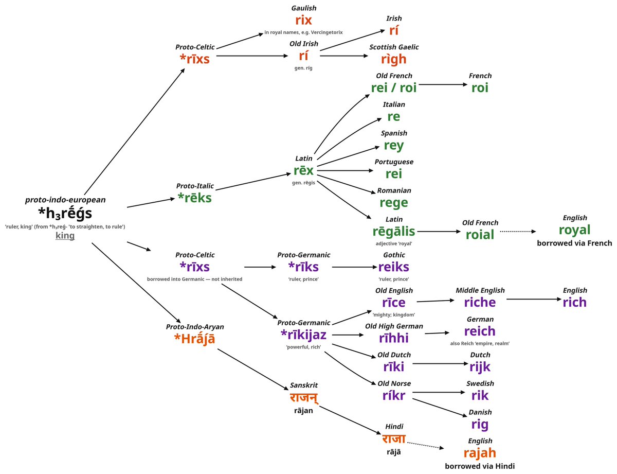 EzKordem's tweet photo. A etymological diagram of the word 'King' in the Indo-European language family. https://t.co/juZPY9WMB5
