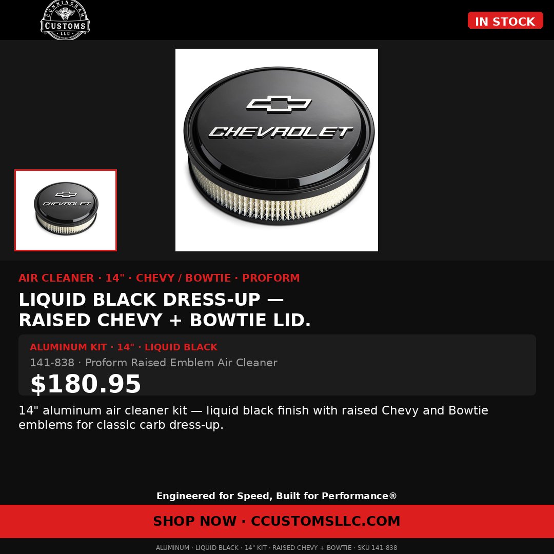 ccustomsllc17's tweet photo. Liquid black Bowtie lid — classic carb dress-up that shows.
Proform 14" aluminum air cleaner kit — liquid black with raised Chevy and Bowtie emblems (141-838).
Shop it: https://t.co/JxkvRO9eWV
#classiccars #Proform #chevy
Engineered for Speed, Built for Performance® https://t.co/VJgv5VJDG2