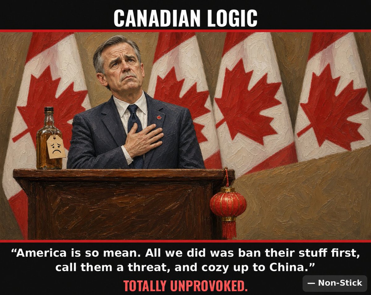 RealNonStick's tweet photo. Day 1 of the booze ban.
Canada's trade strategy: punch yourself in the face until America says sorry.
— Non-Stick
#cdnpoli #Canada #Carney #TradeWar #NonStick https://t.co/rfo22nk4L3