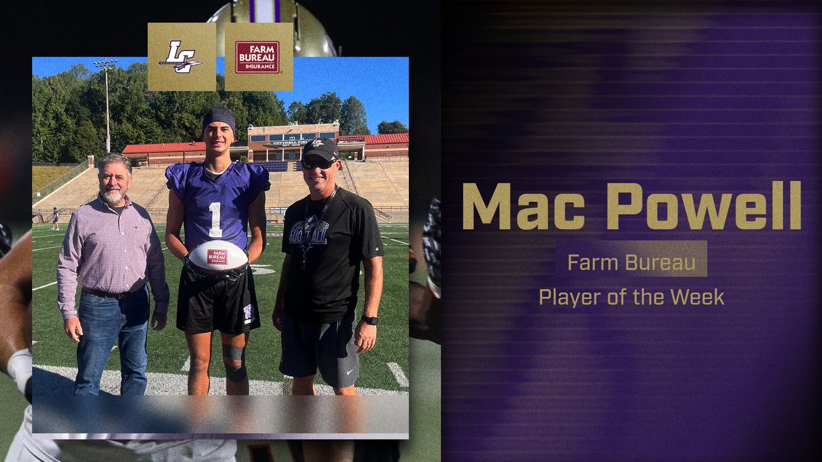 LumpkinFB's tweet photo. Congratulations to Mac Powell on being named Lumpkin County Farm Bureau Player of the Week. Against Hart County, Mac had 7 catches for 126 yards and set up both Lumpkin TDs with long runs after the catch. #hardworkpaysoff https://t.co/VqHItOhy9N
