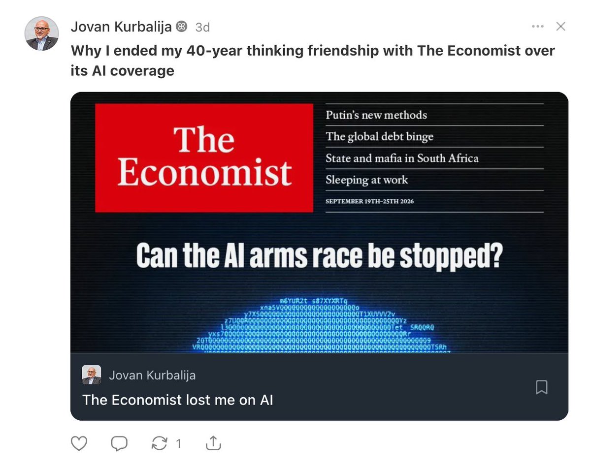 DorotheaBaur's tweet photo. Smart takedown of The Economist's sensationalist and lazy AI reporting, starting with the mistaken analogy of AI &amp; nuclear bombs by @jovankurbalija.
Worth reading, includes a link to a line-by-line analysis of the "Can the AI arms race be stopped?" piece.
https://t.co/gVqBxACt9j https://t.co/riE0rFLCIG