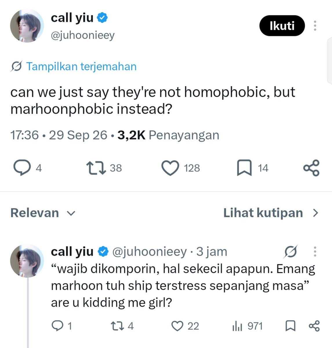 Ingsia404's tweet photo. Eh duta ciuman marhoon @juhoonieey kenapa gua di block?! Berarti bener ya lu semua birahi doang ke juhoon martin, kasihan anjir mereka masih minor tolol https://t.co/jdRCJBrD6h