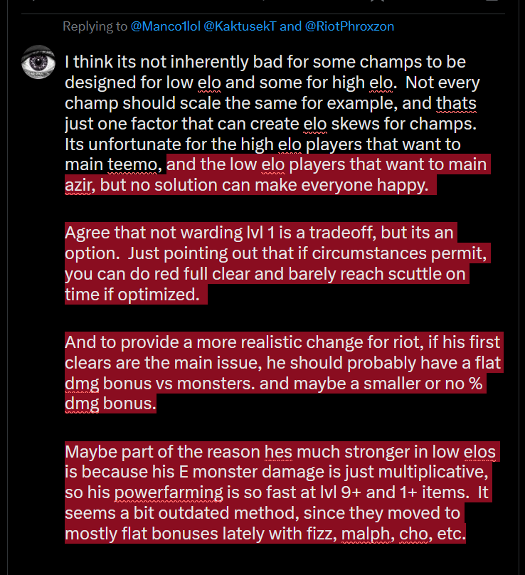 MikeBeaston's tweet photo. @Manco1lol @KaktusekT @RiotPhroxzon And yea always happy to discuss.  I mostly agree and empathize with you, and keeping in mind i dont even play teemo, just offering a few points. https://t.co/D8xCXJuhH9