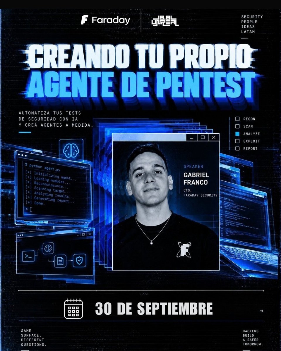 faradaysec's tweet photo. 🤖 ¿Cómo se crea un agente de pentest propio?

Este 30 de septiembre, nuestro CTO Gabriel Franco va a mostrar cómo llevar la IA a la práctica para automatizar tests de seguridad y crear agentes a medida.

⚡ Creando tu propio agente de pentest
Nos vemos en @8dot8  💻
#Pentesting https://t.co/nwyTmWQt4M