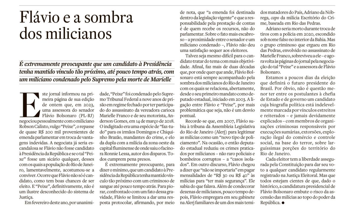 ricardope's tweet photo. Até o @Estadao que é um jornal de Direita e adversário político do PT afirma que eleger Flávio bolsonaro coloca os milicianos no topo da República. https://t.co/q0QFoFjOrE
