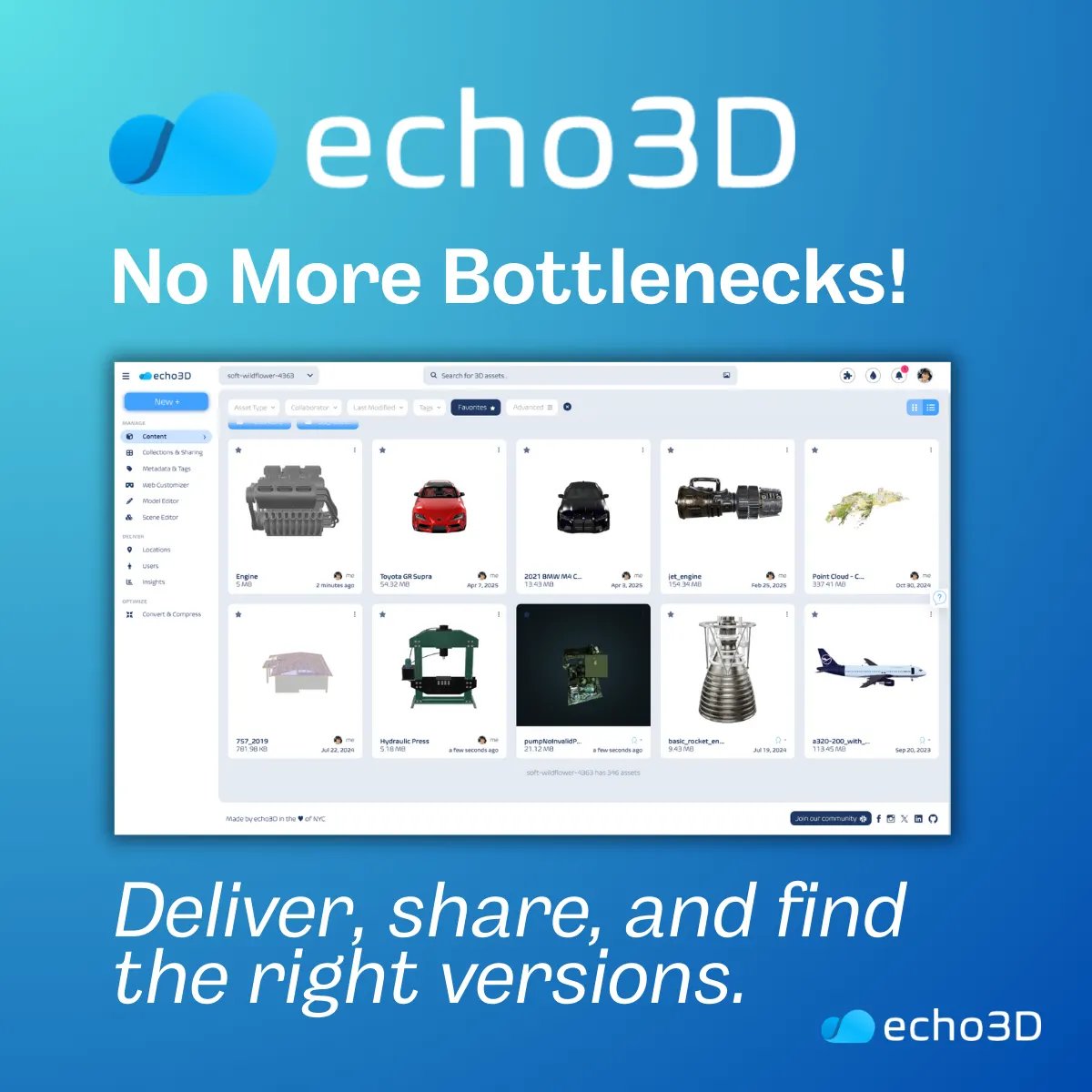 _echo3D_'s tweet photo. Most teams think 3D creation is the bottleneck. It’s not.

The real slowdown?
📦 Delivery.
🔄 Sharing.
🔍 Finding the right version.

That’s why echo3D focuses on delivery-first DAM for 3D—because content is only valuable if it’s accessible.

#3DAssetManagement #echo3D #CreativeOps