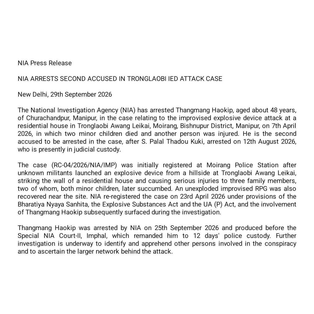NIA_India's tweet photo. 01 arrested in TRONGLAOBI IED CASE https://t.co/AtcTe9KXYq