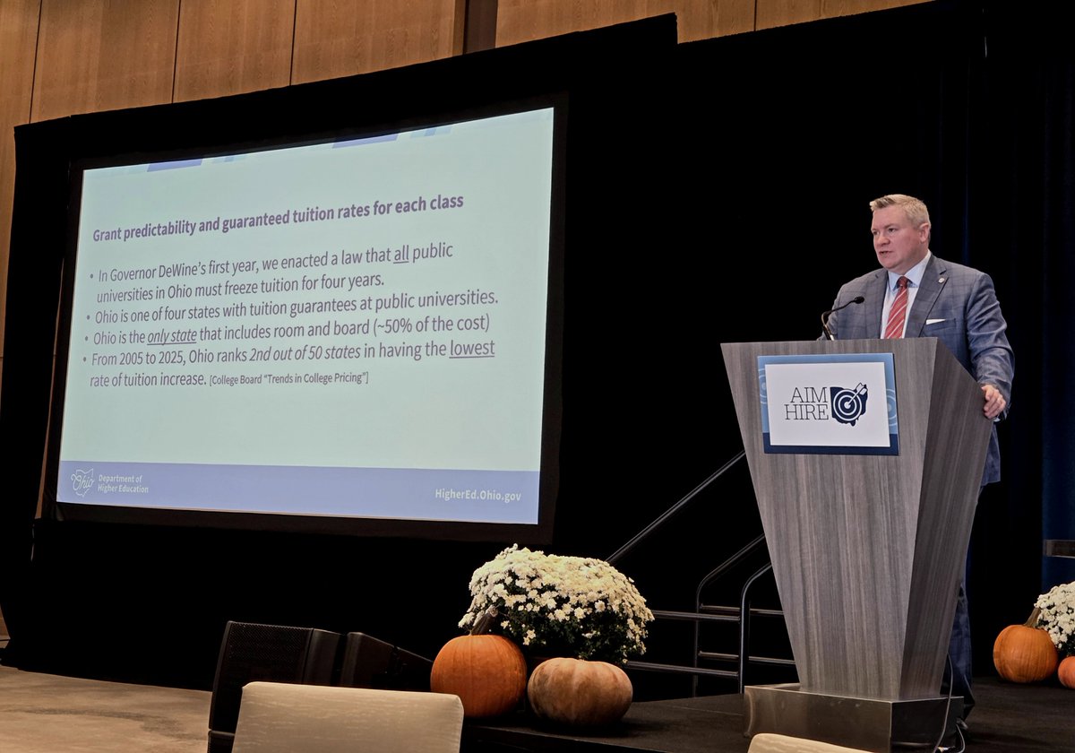 OhioHigherEd's tweet photo. Chancellor Duffey helped kick off the 8th annual @OhioExcels #AimHire Workforce &amp; Education Conference this morning, sharing the progress made on higher ed and workforce initiatives during the @GovMikeDeWine Administration. #TheHeartOfEducation @OhioOWT @OHEducation https://t.co/PQmT3uFMKQ