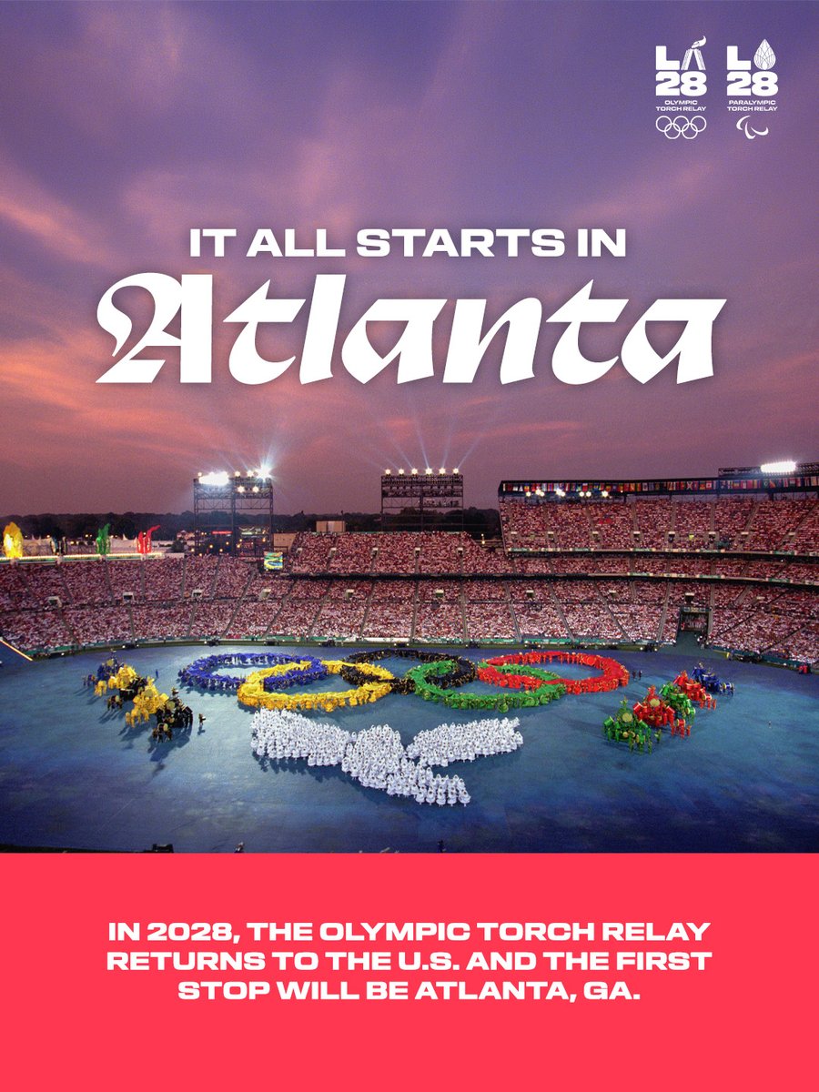 LA28's tweet photo. ATL meet LA28 🤝 The Summer Games are returning to the U.S. for the first time in 32 years and we're picking up right where we left off. The LA28 Olympic Torch Relay's epic 50-state journey will start in Atlanta, host to the last U.S. Summer Games in 1996. To keep up-to-date on all things LA28 Torch Relays, including the other cities the flame will visit, sign up for the LA28 newsletter at LINK BELOW. ​

🔗: https://t.co/3Mak9RAEQJ