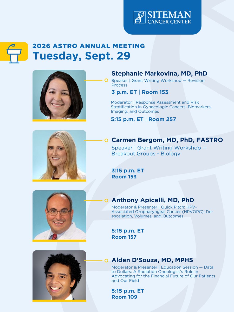 SitemanCenter's tweet photo. Day 4 at @ASTRO_org in Boston. Here are our @washumedicine presenters for the day from Siteman Cancer Center. #ASTRO26 https://t.co/LTJCqSLTpQ
