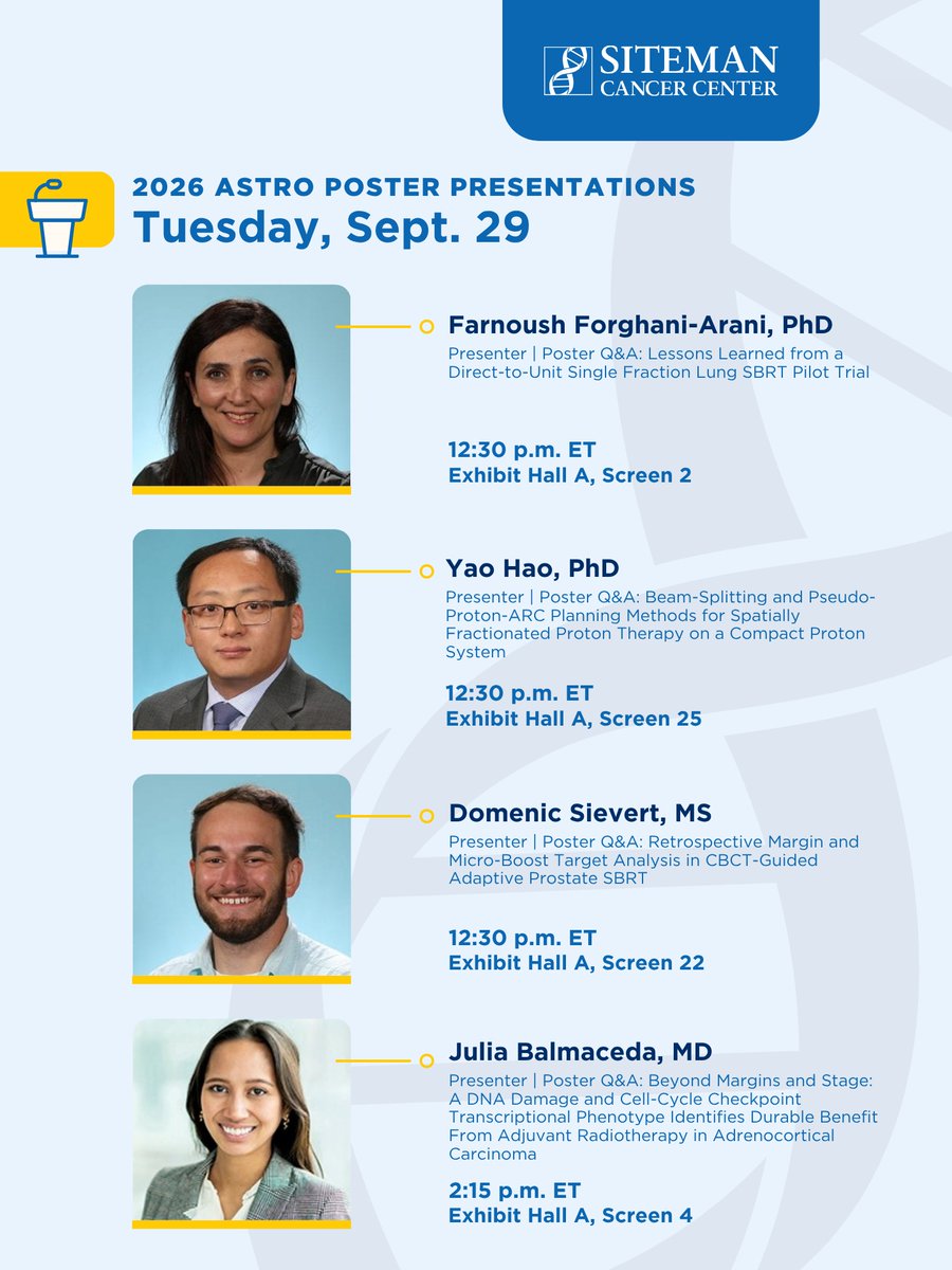 SitemanCenter's tweet photo. Day 4 at @ASTRO_org in Boston. Here are our @washumedicine presenters for the day from Siteman Cancer Center. #ASTRO26 https://t.co/LTJCqSLTpQ