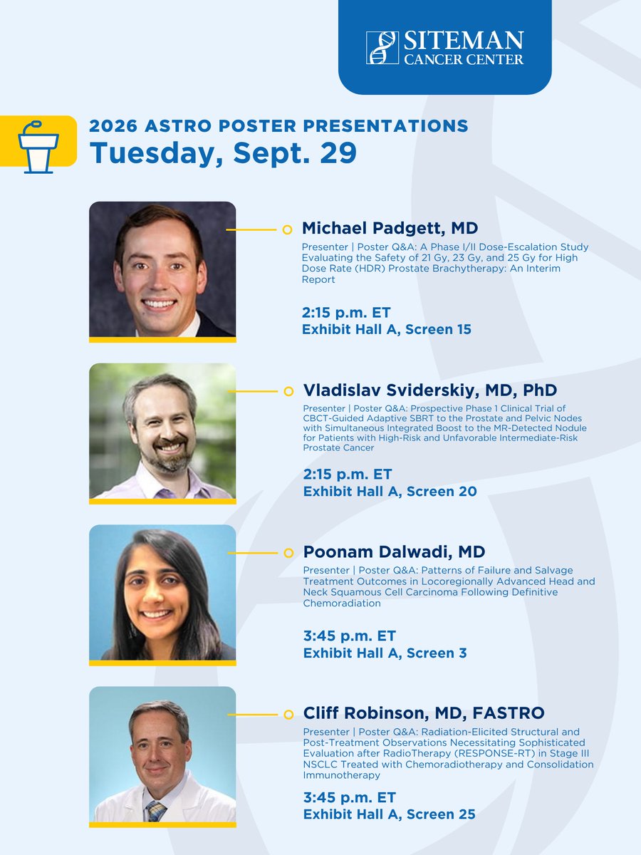 SitemanCenter's tweet photo. Day 4 at @ASTRO_org in Boston. Here are our @washumedicine presenters for the day from Siteman Cancer Center. #ASTRO26 https://t.co/LTJCqSLTpQ
