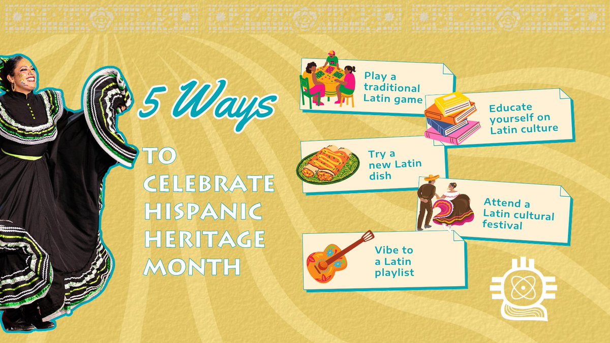 SACNAS's tweet photo. Not sure how to celebrate Hispanic Heritage Month? We’ve got you! Here are 5 ways to celebrate, learn, and connect! 👉

How are you celebrating Hispanic Heritage Month? Let us know below! 👇

#HispanicHeritageMonth #SACNAS #SACNISTA #LatinxInSTEM https://t.co/XM9SZusH3p