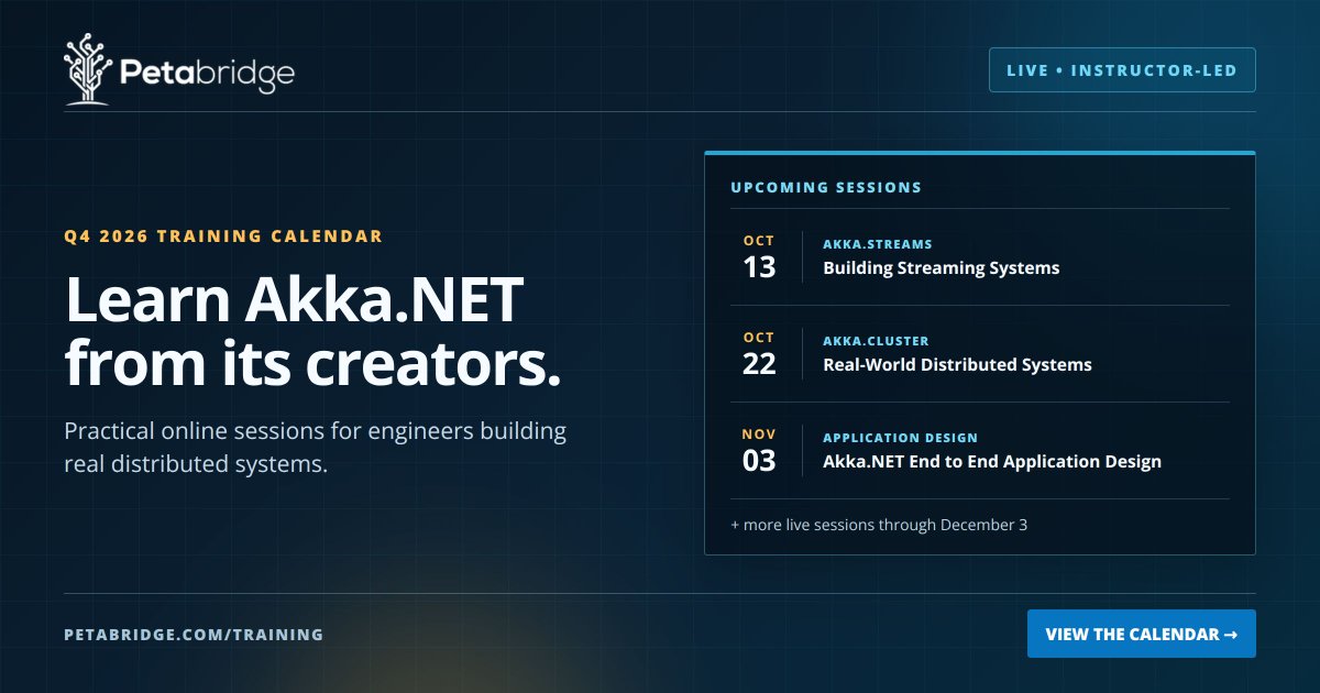 petabridge's tweet photo. New live https://t.co/bwaZZvEppl training dates are available for Q4.

Join instructor-led sessions on Akka.Streams, Akka.Cluster, and end-to-end application design.

See the full calendar and reserve your spot:
https://t.co/AizX64dRs9 https://t.co/TN9CD4Etph