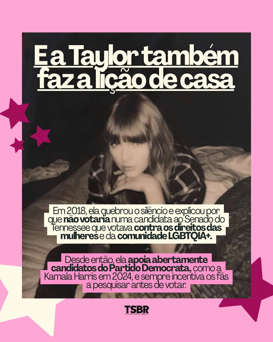 taylorswiftbr's tweet photo. A própria Taylor já mostrou como faz: ela usa a voz para defender aquilo em que acredita e sempre incentiva os fãs a pesquisar antes de votar.

Vale lembrar que ela é abertamente democrata, partido norte-americano equivalente ao que conhecemos por ser a esquerda no Brasil. https://t.co/h4cgAfDXU3