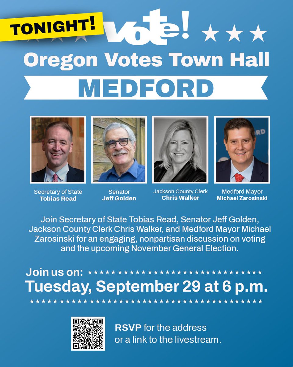 ORSecretaryRead's tweet photo. Medford, join us tonight at 6 pm! Join me &amp; Senator Jeff Golden, Jackson County Clerk Chris Walker, and Mayor Michael Zarosinski for an engaging, nonpartisan discussion about how we run elections in Oregon. RSVP: https://t.co/vjmhbJKlqJ #OregonVotes #OregonElections https://t.co/pLohN6oAkP