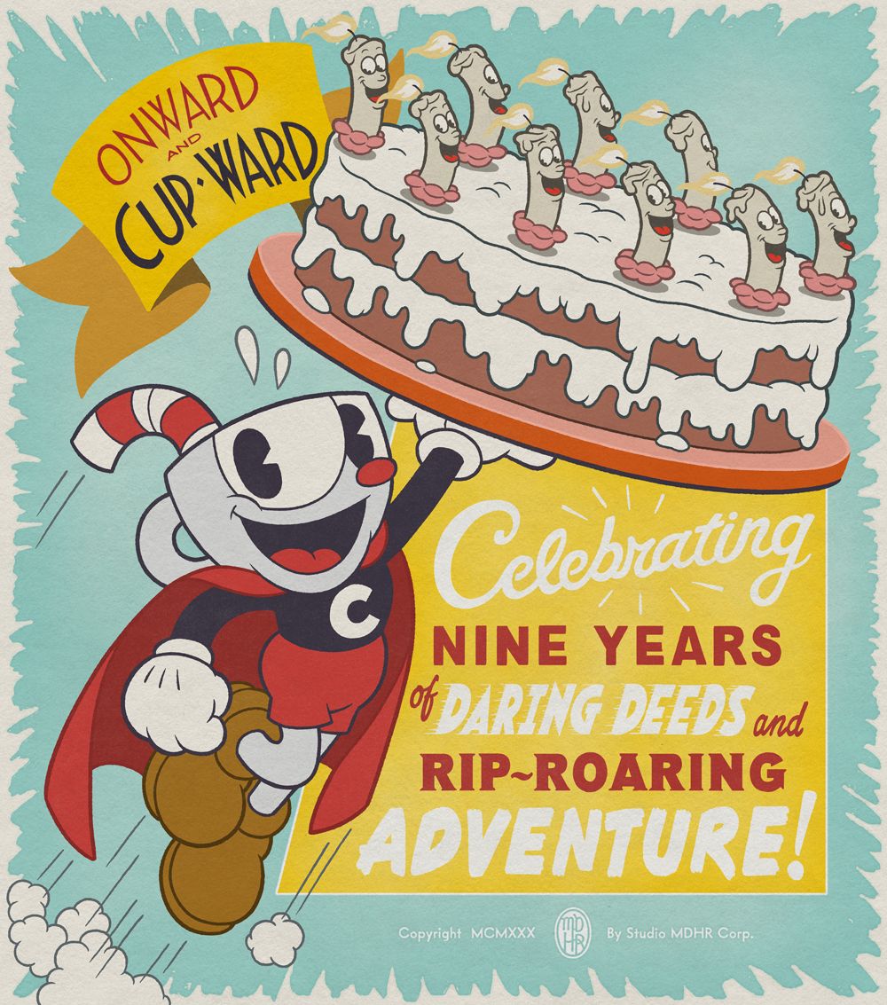 StudioMDHR's tweet photo. How time flies!! Today we celebrate a whopping 9 years since Cuphead’s release, and look to the horizon where new adventures await. From all of us at Studio MDHR, our heartfelt thanks for joining us on this journey. https://t.co/MmzcIYxb3r