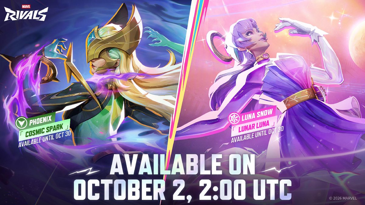 MarvelRivals's tweet photo. Shoot for the stars, the cosmic battlefield awakens. 🌌  

Own the night in style with Luna's Lunar Luna and Phoenix's Cosmic Spark costumes, and embrace the cosmos!   

Available: October 1 at 7 PM PT!   

The night sky waits for no one, reign the galaxies with flare! https://t.co/2436K403vy