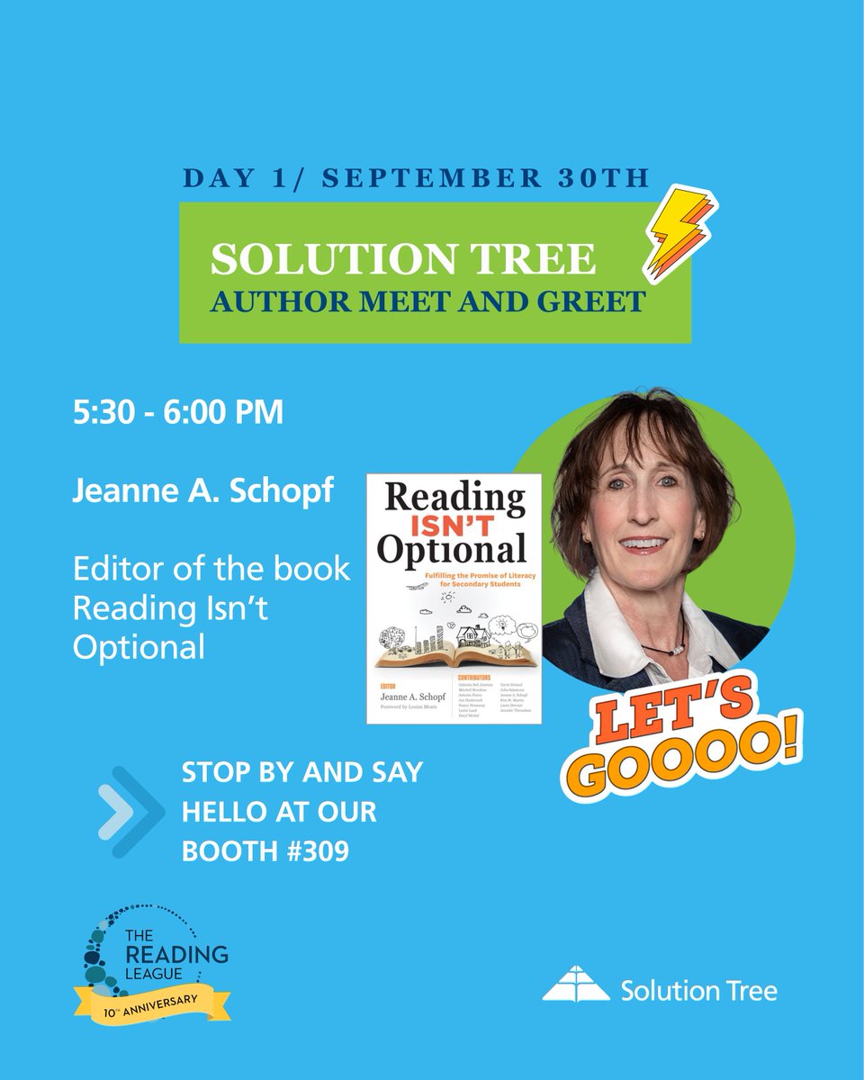 SolutionTree's tweet photo. Day 1 at #TRLConf2026 comes with a chance to connect with one of our authors. 📚✨

Join us for a Solution Tree Author Meet & Greet with Jeanne A. Schopf, editor of Reading Isn’t Optional: Fulfilling the Promise of Literacy for Secondary Students.

Stop by to meet Jeanne, talk secondary literacy, and explore ideas for ensuring every student has meaningful access to reading support.

📅 September 30
🕠 5:30–6:00 PM
📍 Solution Tree Booth #309

Add it to your conference plans and come say hello!

#TRLConf2026 #TheReadingLeague #SecondaryLiteracy #LiteracyLeadership #ReadingInstruction #ScienceOfReading #SolutionTree