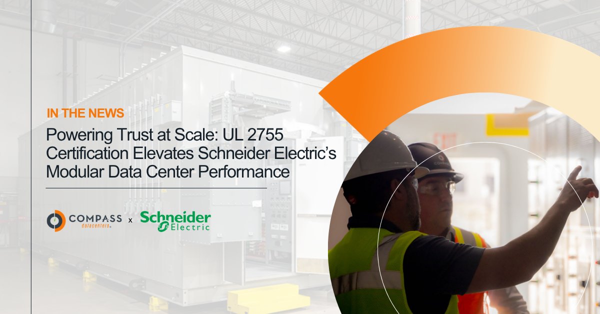 CompassDCs's tweet photo. Compass Datacenters is the 1st DC operator to deploy @SchneiderElec's UL 2755-certified power centers. Certified on arrival. No internal inspection required. Faster deployment, less field complexity, more confidence. Learn how we're standardizing at scale: https://t.co/dpdtsBlvx2 https://t.co/ePmBhvxaSj