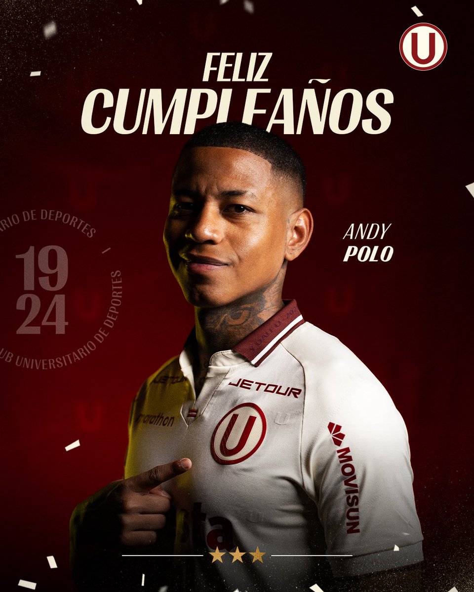 Universitario's tweet photo. ¡𝗙𝗲𝗹𝗶𝘇 𝗱𝗶́𝗮, «𝗝𝗼𝘆𝗮»! 💎🎂🔝

Hoy está de cumpleaños Andy Polo Andrade, futbolista de nuestro primer equipo, tricampeón nacional con la Ⓤ y ganador de la @LibertadoresU20.

🏆 2023, 2024 y 2025 https://t.co/WQ9pHOZCPB