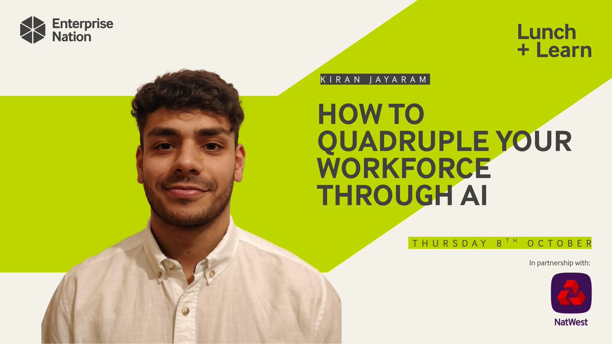 e_nation's tweet photo. 👉 What’s one task you’d love to automate or speed up? 

Join us with Kiran Jayaram from Maikai on Thursday 8 October to explore how AI can help you get more done without adding headcount.

We’ll be running a live demo based on real workflows submitted by attendees.

Think: chasing approvals, writing reports, logging customer queries or following up with leads.

💡 Share your workflow — it could feature in the live session!

Submit your answer here: https://t.co/OhKCaojNRT

🤖 Register now: https://t.co/XZQnEgRKnL 

In partnership with @NatWestBusiness